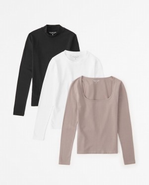 Tricko Abercrombie 3-pack Long-sleeve Cotton Seamless Fabrics Damske Čierne Biele Siva Hnede | 58PWVJEHX