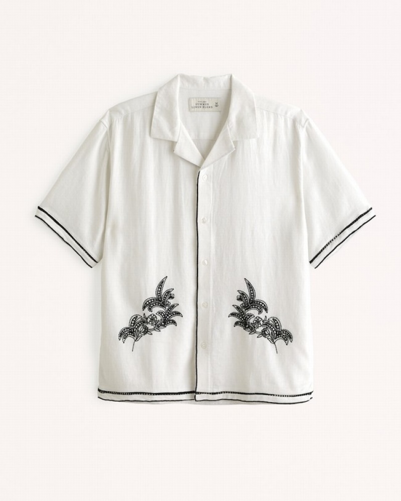 Kosele Abercrombie Camp Collar Summer Linen-blend Embroidered Panske  Biele | 30TAYNSMP